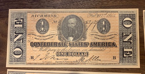 US Confederate Currency Set - $1, $5, $10, $20, $50, $100 - Vintage Facsimile - Picture 3 of 8