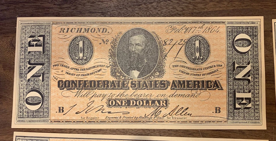 US Confederate Currency Set - $1, $5, $10, $20, $50, $100 - Vintage Facsimile - Image 3 of 4