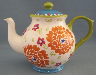 Dutch Wax Teapot With Lid Coastline Imports Hand Painted Colorful Floral Tea Pot
