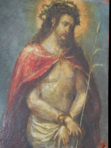 Antikes religiöses Öl auf Kupfer Gemälde Jesus Christus Flämische Schule 17. Jh.