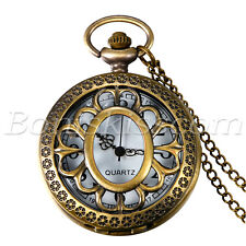 Antique Retro Sunflower Engraved Quartz Pocket Watch Pendant Necklace Chain Gift
