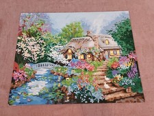 Finished Paint By Number Cottage in a garden Beautiful scene Ducks 20" X 16"