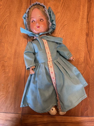Vintage Paper Mache Plaster Doll Blue Dress Blonde Hair Creepy Blinking Eyes 15”