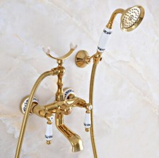Golden Brass Bathtub Faucet Set Bathroom Handheld Shower Cold Hot Tap Kit 2na906
