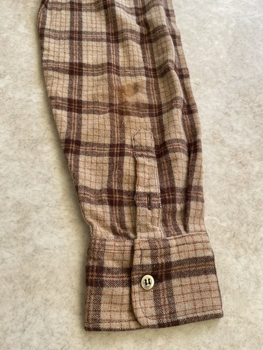 50's 60s Vtg ARROW Sz L Wool Board Plaid Flap Pocket Flannel Shirt Brown Western - Picture 6 of 10