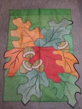 Large Fall Autumn Flag Outdoor Decorations Embroidered Leaves & Acorns Green