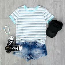 Coco & Main Women's Very Soft Striped Top Tee in Beautiful Blues/Gray/Black