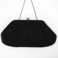 Vintage Le Regale Black Beaded Evening Clutch with Chain