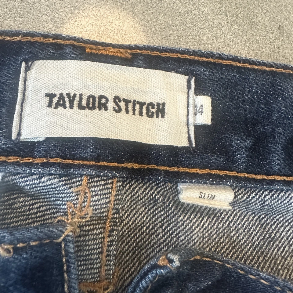 Pantalones de mezclilla Taylor Stitch para hombre 34 azules ajustados ribete recto tiro medio botón mosca Foto 4 de 4