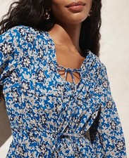J Crew Tie Front Beach Dress Floral Cobalt Blue Small Long Sleeve Short