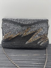 Vintage 60s ADG Beaded Handbag Black Silver  Bronze Beads 5  Tall 7  Wide
