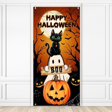Happy Halloween Door Cover Banner Cat Ghost Pumpkin Porch Banner