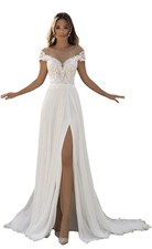 Lace Appliqued Chiffon Off Shoulder Wedding Dress with Slit. Size US 6