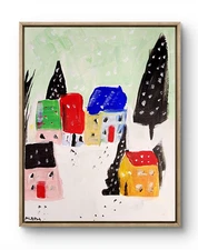Aleph Original Art Snowy Village 1 14x11 Colorful Modern Painting on Canvas