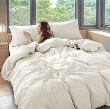 Shilucheng 100 French Linen Luxury Duvet Cover 3Pcs Set Creamy White QUEEN Size