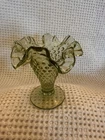VTG Fenton Green Ruffled Edge Art glass Hobnail Bud Vase