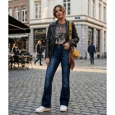 KanCan Dark Wash Flare Women's Small Jeans Tall Whiskered High Rise Denim