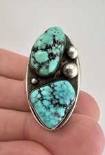 HUGE Vtg Navajo Sterling Silver Spiderweb Kingman Turquoise Chunky Ring 25.6g