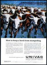 1961 UNIVAC computer cattle herd stampede art Sperry Rand vintage print ad