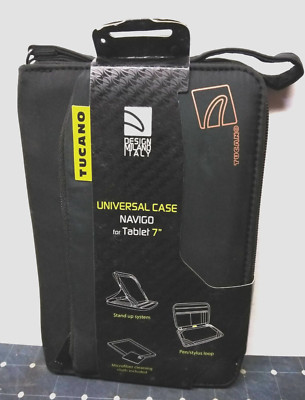 New Nos Black Tucano Vinyl Folio Case Navigo For 7'' Tablets - Stand Up W/ Cloth
