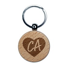 CA California State in Heart Engraved Wood Round Keychain Tag Charm