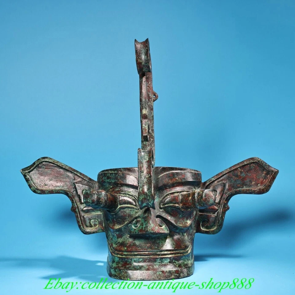 Старая китайская бронзовая посуда династии Шан люди Сан Синдуй маска статуэтка - Изображение 3 из 4