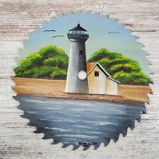 Hand Painted Circular Saw Blade Lighthouse Water Scene Nautical Wall Art Decor