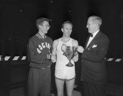 John J Downing Presents Cardinal Spellman Trophy Fred 1951 Athletics Old Photo