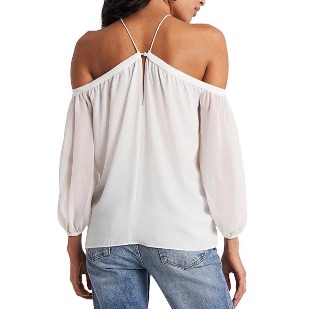 1 State Off The Shoulder 3 4 Blouson Sleeve White Chiffon Blouse