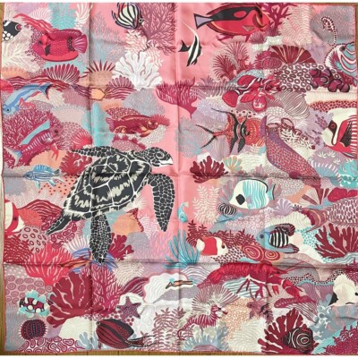 Hermès シルクスカーフ 海洋テーマ 90cm Hermes Scarf Under The Waves 90 cm silk red Carre turtle fish sea