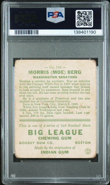 Morris "Moe" Berg 1933 Goudey #158 - PSA 1 - World War II Spy - Freshly Graded view 2