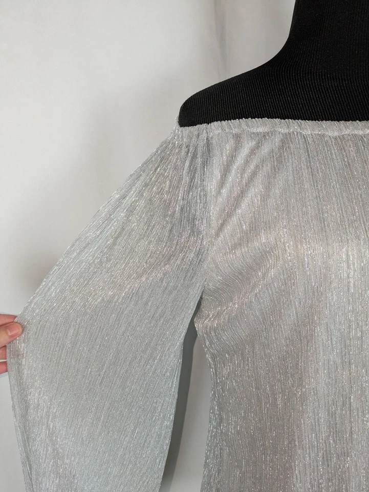 Cece Blouse S Women's Metallic Silver Off the Shoulder Long Sleeve Tie Hem - Image 3 of 4
