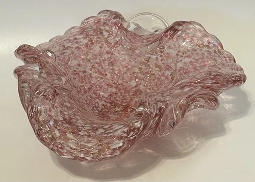 Murano Glass Pink Gold Flecked Bubbles Italian Art Glass Dish Ashtray MCM
