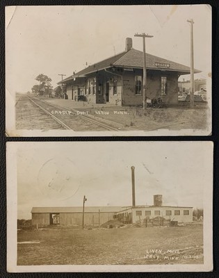2 RPPC Chicago Milwaukee RR Depot LE ROY MINN. MN LINEN MILL POSTCARD REAL PHOTO