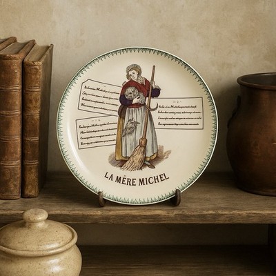 Antique HBC Choisy French Plate  La Mère Michel    Hand-Painted Faience, 7.75 