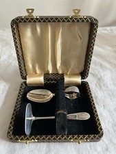 Vintage Boxed ‘EPNS A1’ Baby Feeding Spoon And Food Pusher In Black &gold Box
