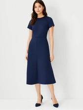 Ann Taylor The Petite Midi Flare Dress Double Knit Navy Short-Sleeve Midi