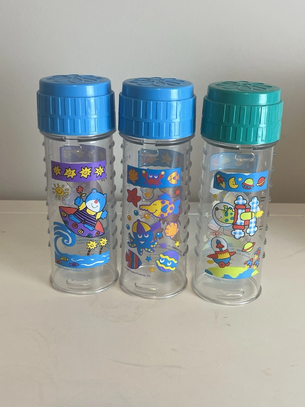 3 Vintage Playtex Decorated Nurser Flat Round Top Nipple Drop In 8oz Baby Bottle