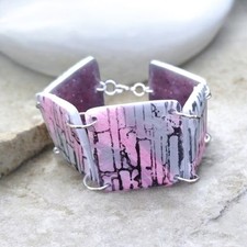 Handcrafted Reversible Polymer Clay Resin Silver Bracelet Pink Black Gray