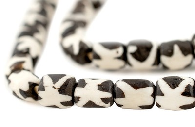 Star Design Batik Bone Beads Small 8mm Kenya African Black and White Cylinder