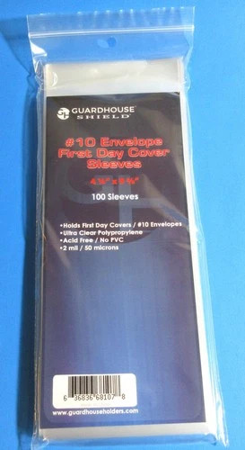 100 #10 FIRST DAY COVER BUSINESS ENVELOPE SLEEVES, GUARDHOUSE SHIELD - CLEAR