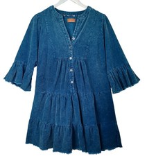 Umgee Corduroy Dress Tiered Ruffle Sleeve V Neck Button Front Teal Blue Size S