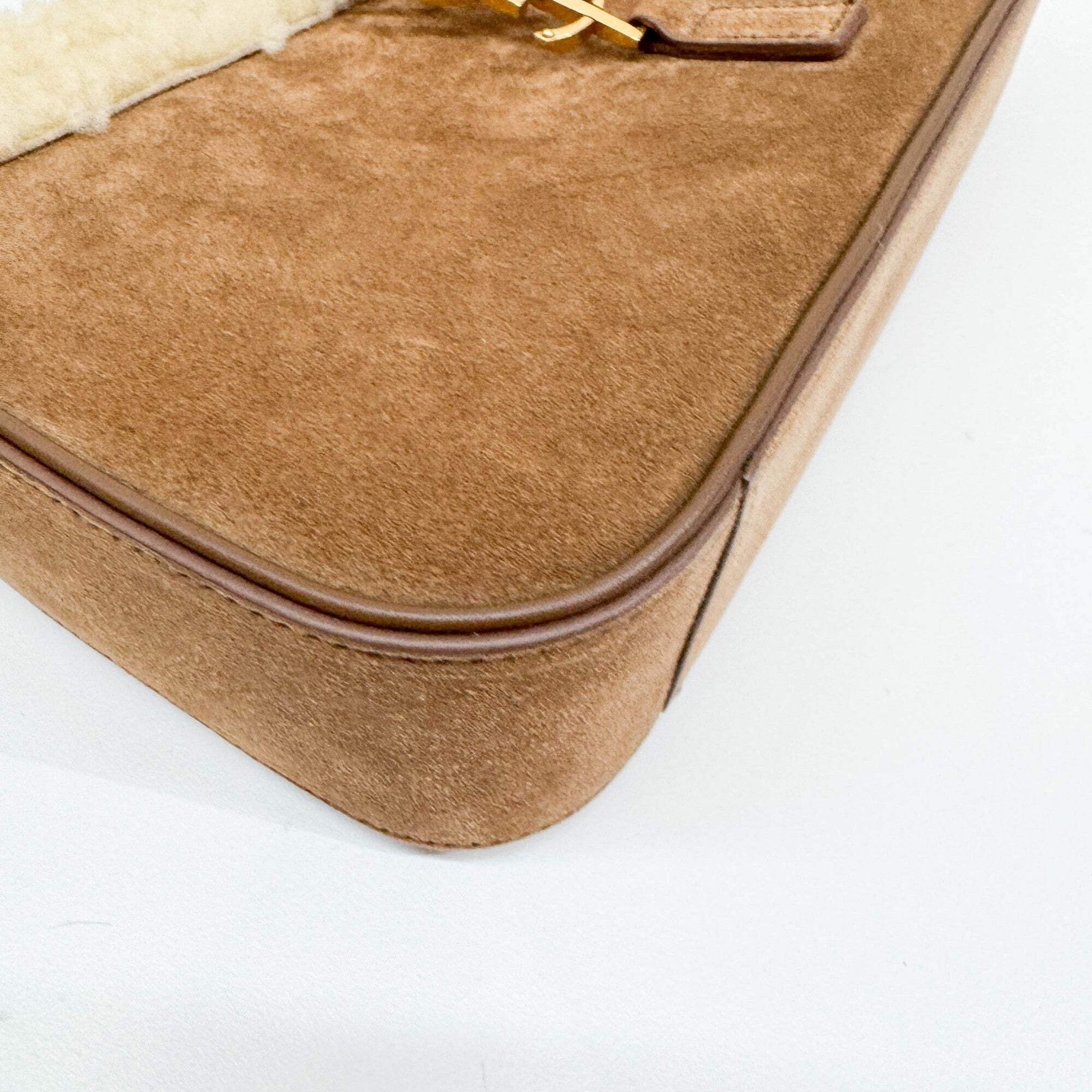 SAINT LAURENT Fur Trim Brown Suede Shoulder Bag thumbnail 11