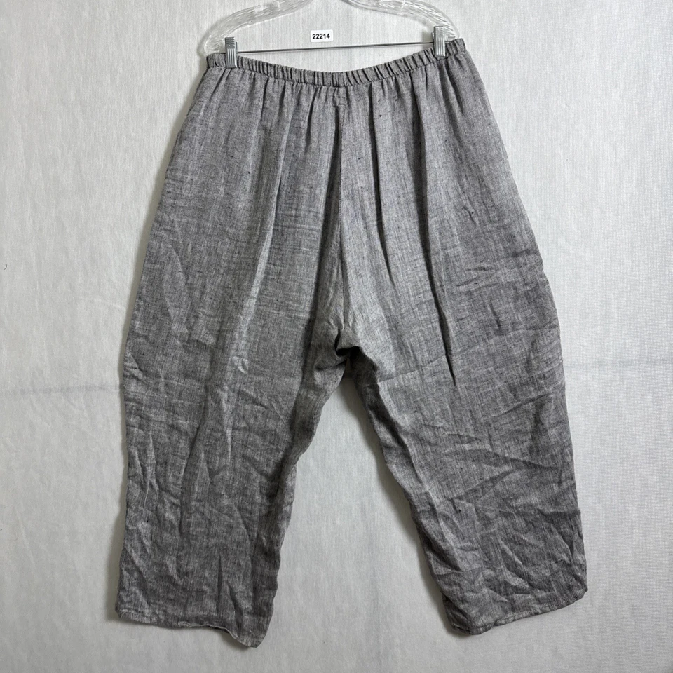 亚麻女式大码 1G 灰色亚麻拉宽腿作物泛滥裤 — 第 2/4 张图片