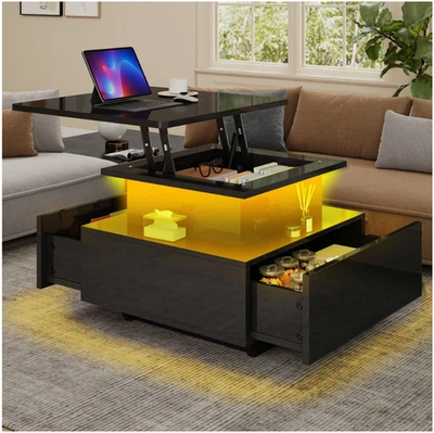 New LED Lift Top High Gloss Wooden Square Coffee Table With Drawers & Storage UK - Image 1 of 4