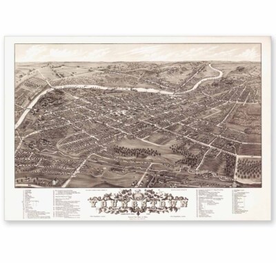1882 Youngstown Ohio Historic Birdseye Panoramic Town Map 24 x 17 or 35 x 24