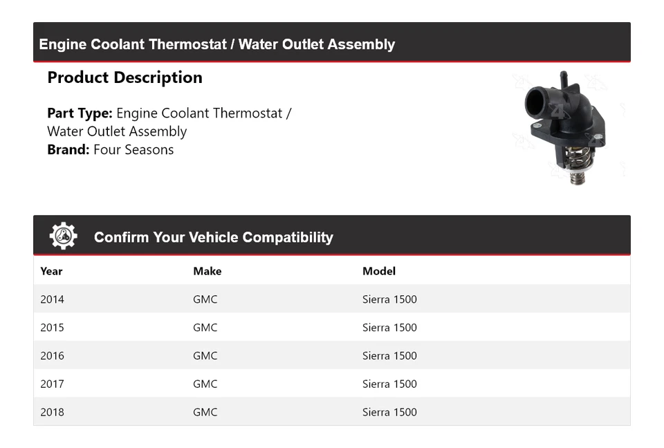 GMC Sierra 1500 2014-18 motor refrigerante termostato/conjunto de salida de agua 4 estaciones Foto 2 de 4