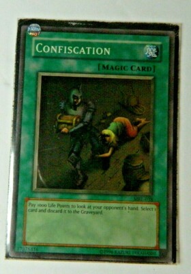 confiscation yugioh card MRL-E038 Super Rare Unlimited Edition NM  Twin Traders Select 1 card and discard it to the Graveyard. Card Gallery:Confiscation | Yu-Gi-Oh! Wiki