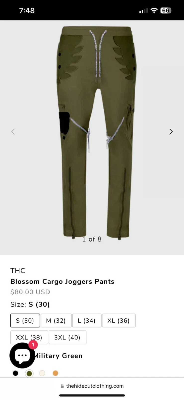 The Hideout Clothing Blossom Army Green Cargo Joggers Pants~ Size S