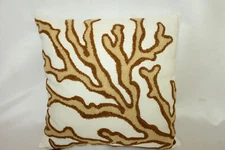 NEW! NWT! C&F Enterprises Coral Sea Tan Brown Linen Hooked Pillow 18x18